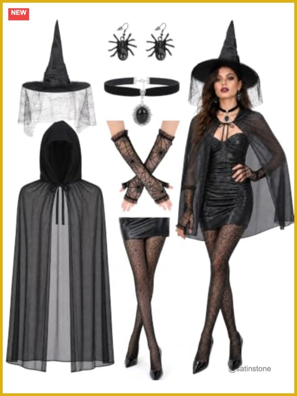Witch Costume Accessory Set Hat Cape Gloves Choker Earrings Fishnet